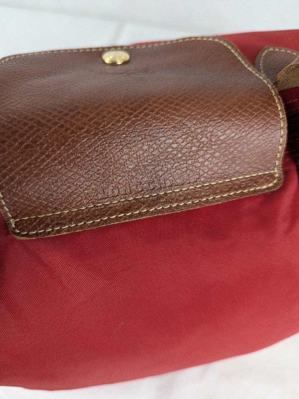 Pre-Owned Longchamp Le Pliage Authentic Nylon Leather Tote Bag Red Made in China - Picture 6 of 15